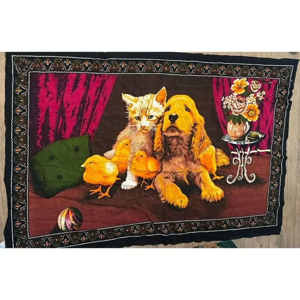 Vintage Tapestry Wall Hanging Cotton Cat Dog Chick Made In Turkey 52.5x34.5